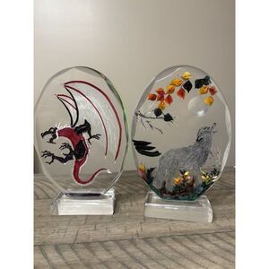7" Painted‎ Paper Weight Dragon Wolf Decor Resin Set Of Two Fantasy